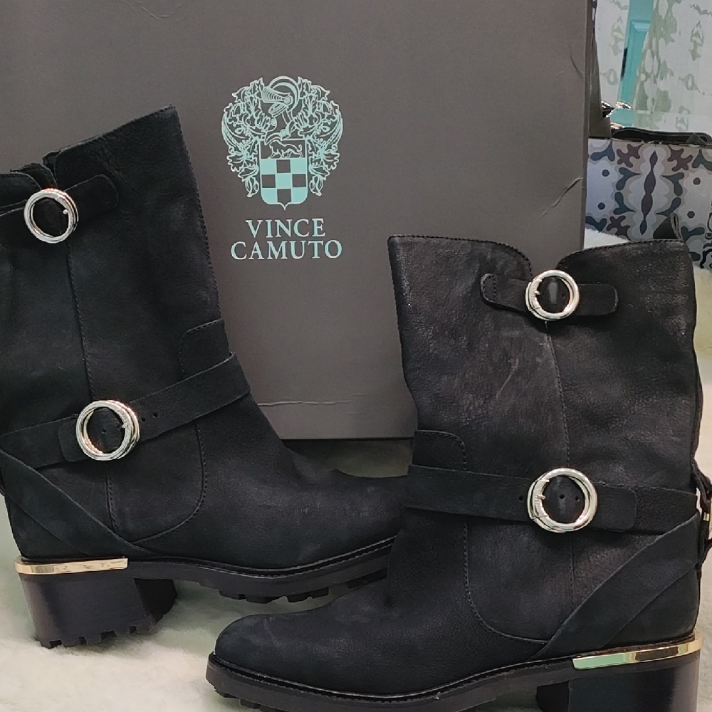Vince Camuto Black Heeled Boots with Silverand gold  Accents